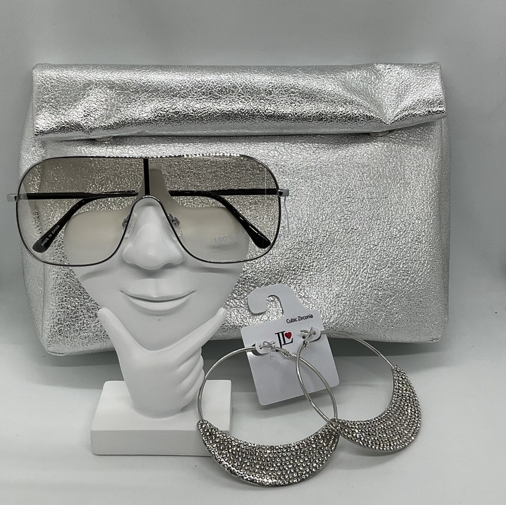 Asos Roll Clutch Handbag, Aviator Eyewear , hoop earrings